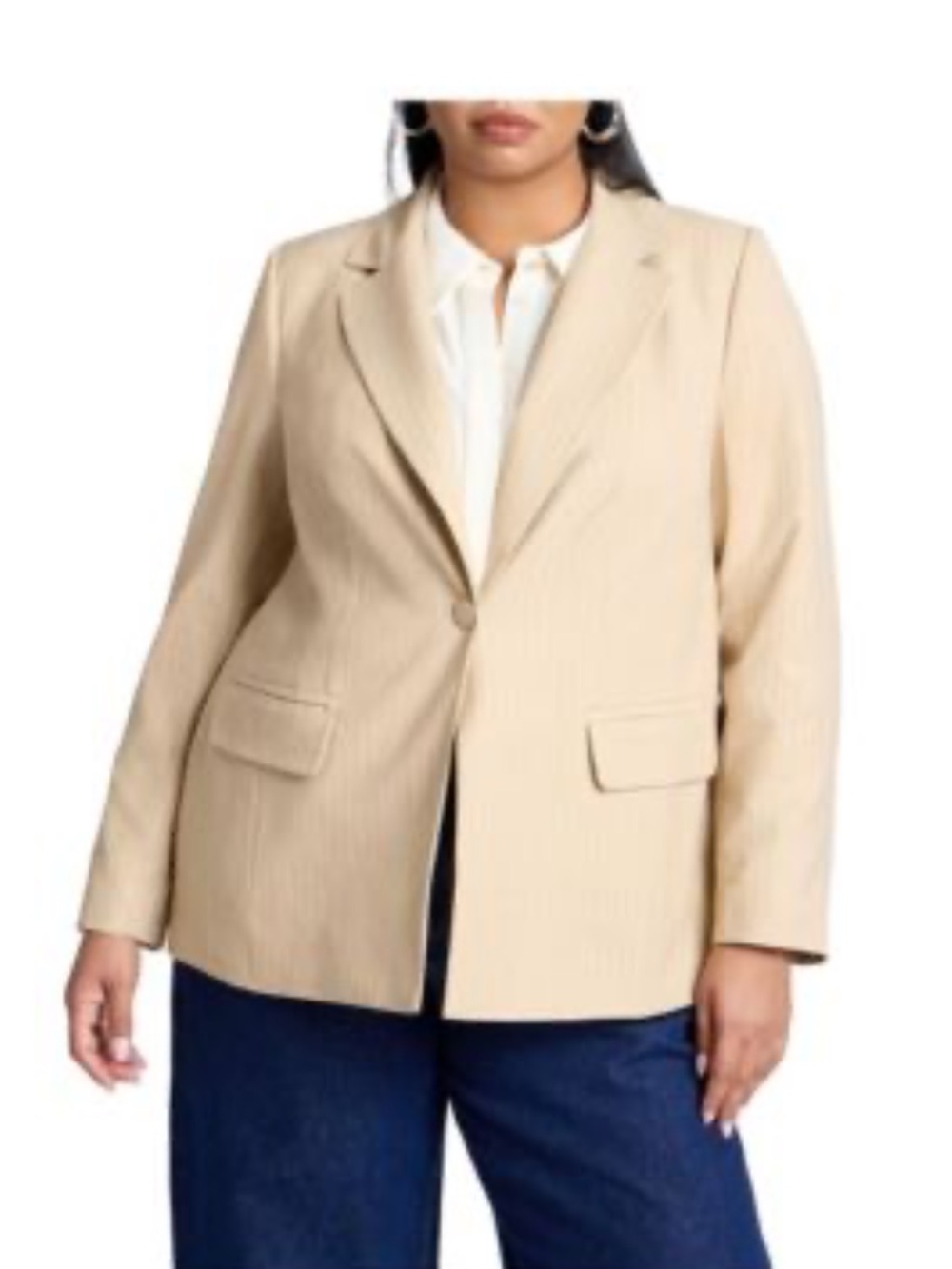 Eloquii 1 button Beige w White pinstriped lined long sleeve blazer jacket Sz 18